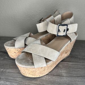 Marc Fisher Suede Cross Strap Cork Wedge Sandal Women's Size 6.5 M Beige Natural